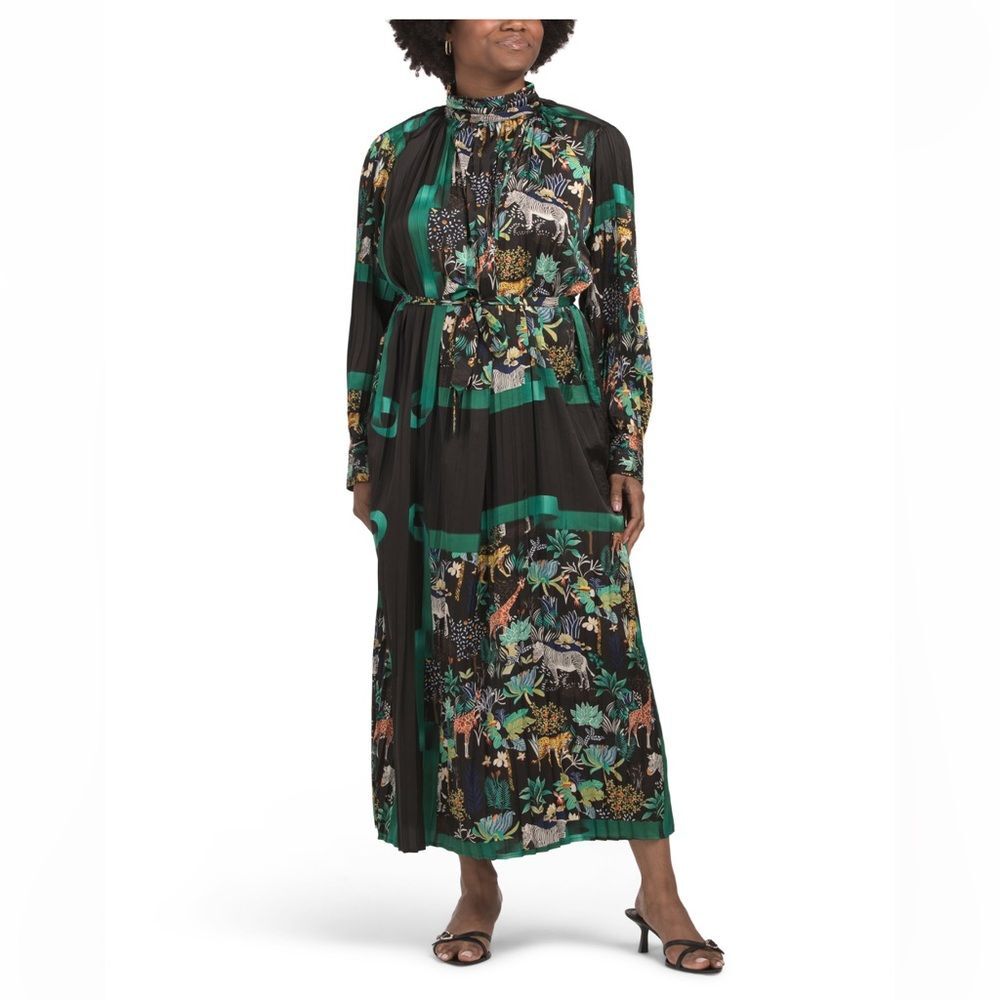 Dalia MacPhee Black Safari Multi Long Sleeve Pleated Maxi Dress Women's XL NWT